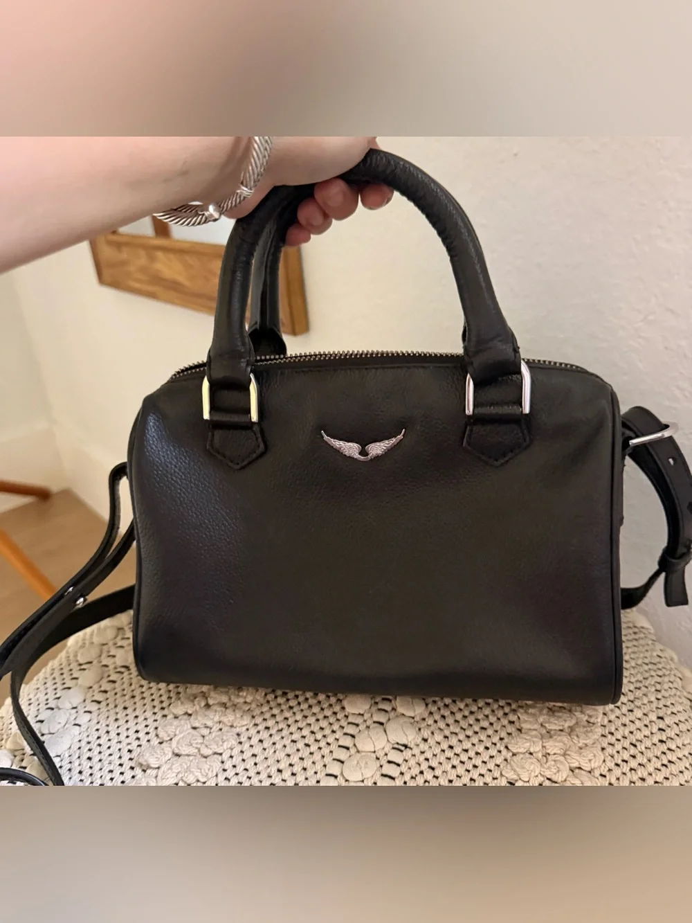 Zadig & Voltaire Black Leather Satchel with Wing Emblem